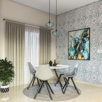 Compact 4-Seater Dining Room with Printed Wall and Potted Plant